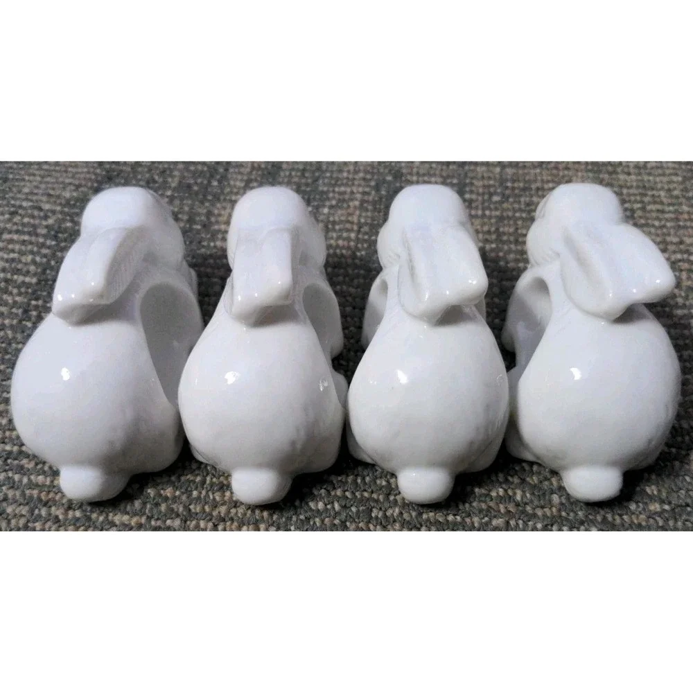 White‎ Ceramic Figural Bunny Rabbit Napkin Rings Set Of 4 Easter Table See Decor